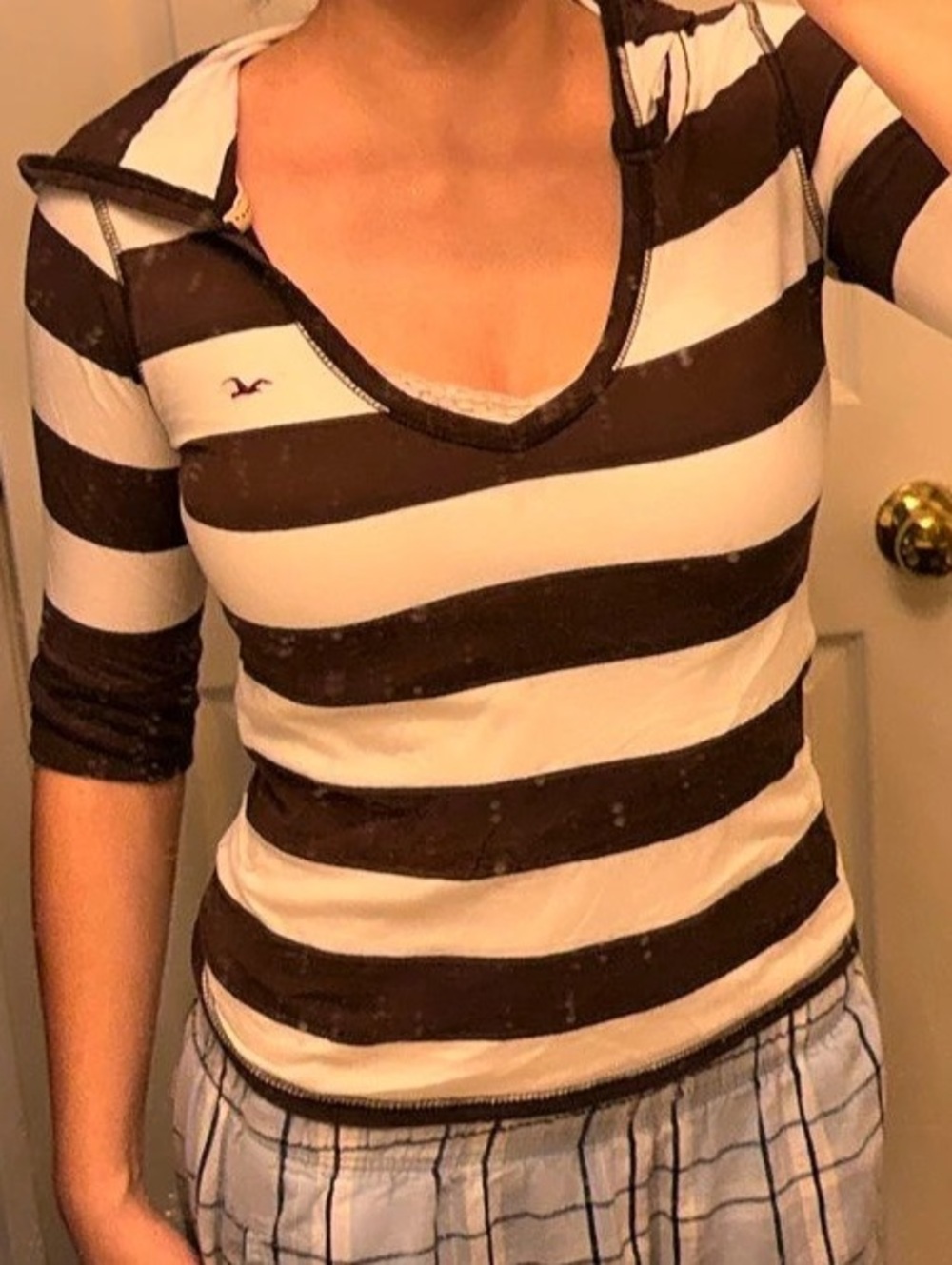 Vintage Y2K Hollister Brown White Striped Hooded Top Size S